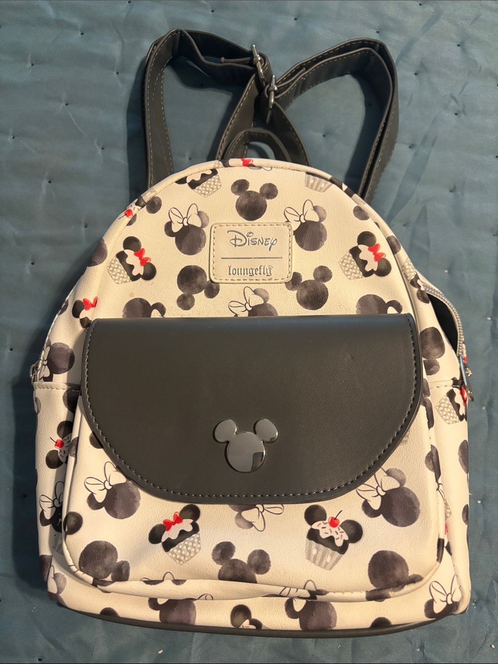 Loungefly White Minnie & Mickey Cupcake Mini Backpack with Black Flap